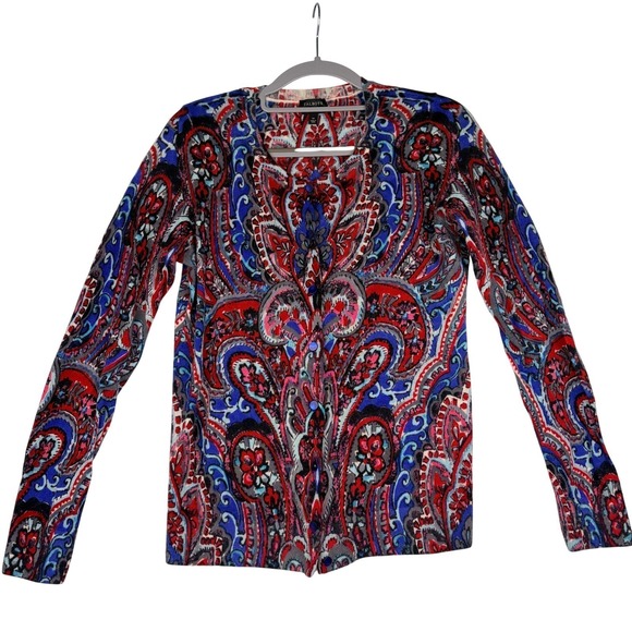 Talbots Sweaters - Talbots Cardigan Size M Blue Red Paisley Merino Wool Button Front Sweater